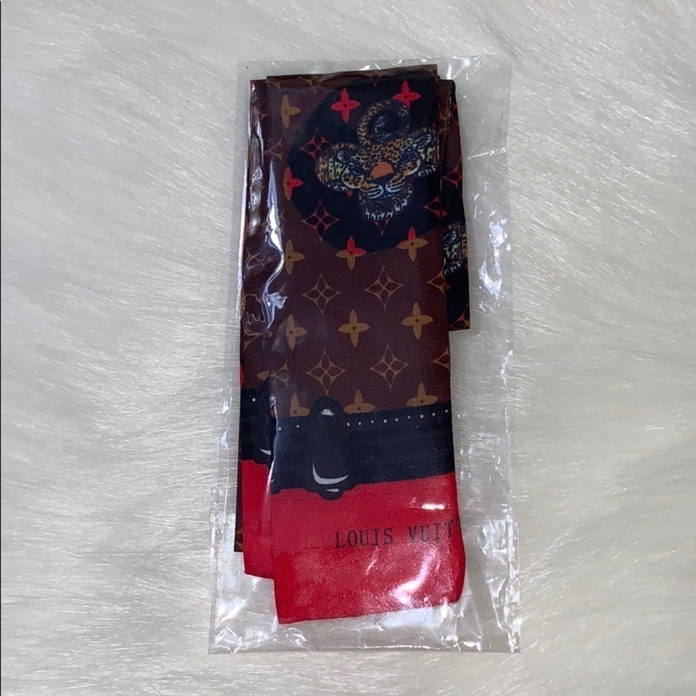 Brown & Red Flower Monogram Leopard Scarf Twilly​​​ - Picture 8 of 8
